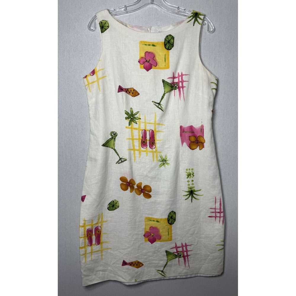 VTG Jessica Howard 90s Sheath Dress Sz 12 Linen Blend Beaded Lined Beach Resort
